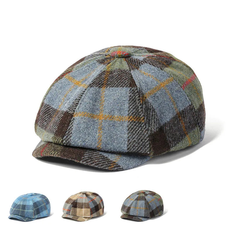 Bestella Unisex Newsboy Cap Vintage British Style Plaid Artist Hat for Autumn Winter Casual Plain Pattern for Casual Wear