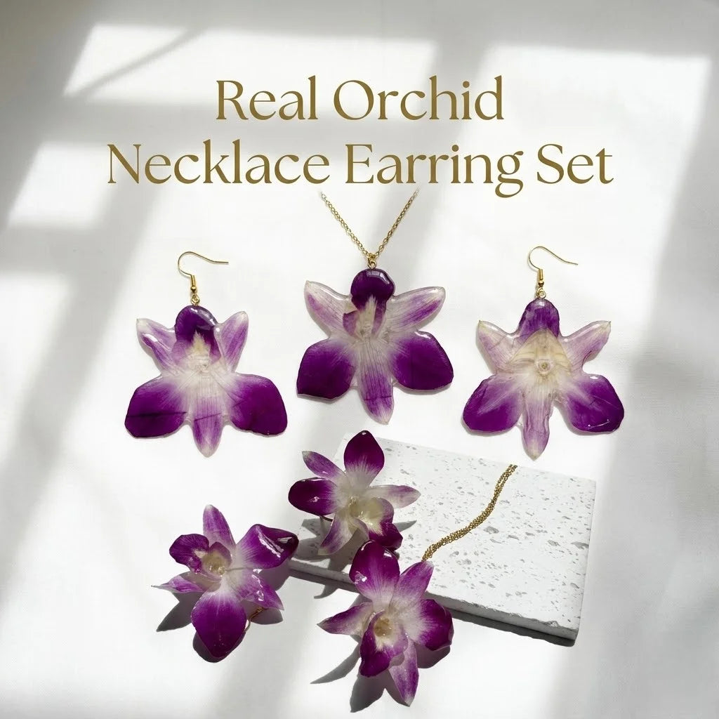 Handmade Natural Real Orchid Flower Resin Jewelry Set Stainless Steel Chain Orchid Pendant Necklace Dangle Drop Earrings