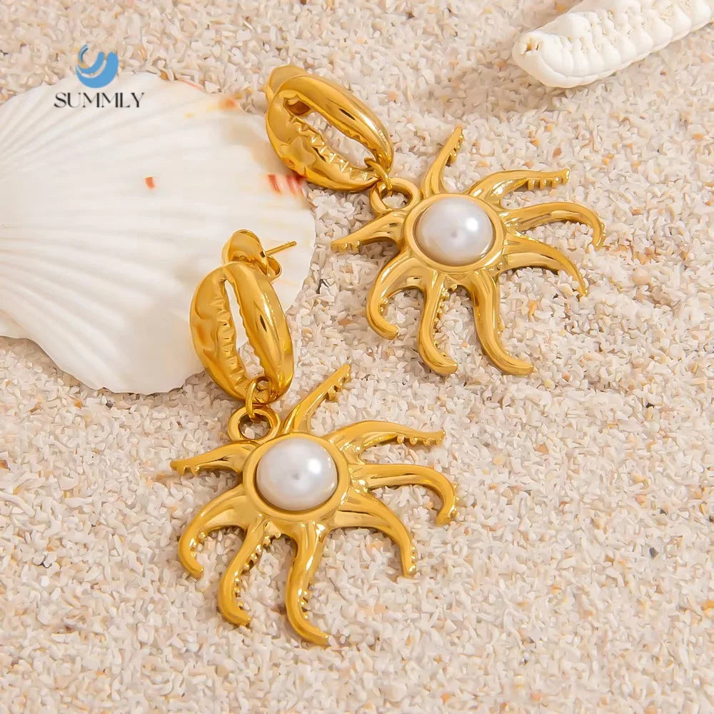 SUMMLY Trend Wholesale Summer Ocean Style 18K Gold Plated Octopus Charm Pendant Stainless Steel Earrings Fashion Jewelry