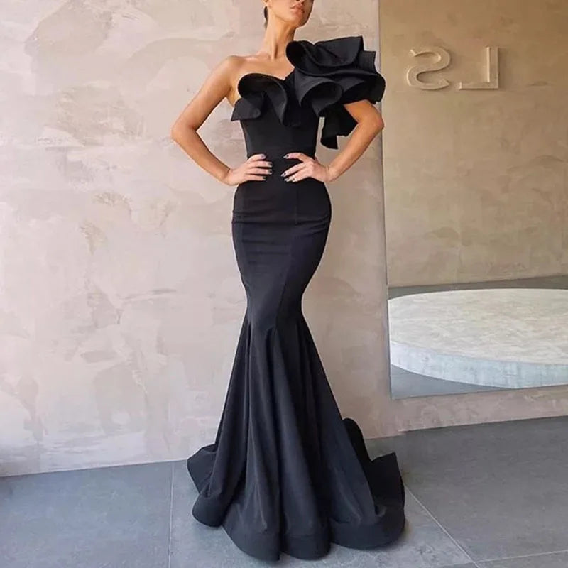 Elegant Women Luxury Satin One Shoulder Plain Formal Party Celebrity Bridesmaid Evening Dresses Mermaid Long Prom Dress
