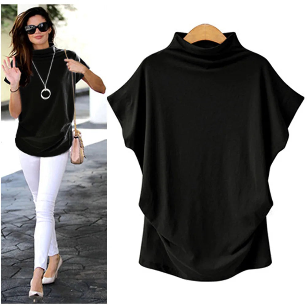 Soft Plus Size Women's High-Neck Top Short-sleeved T-shirt Mock Neck Fitted T-shirt for Women Half Turtleneck T-shirt