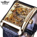 Winner New 2023 Watch Retro Casual Series Rectangle Dial Design Golden Pattern Hollow Skeleton Men New Luxury Mechanical Watch
