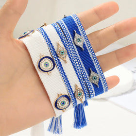 Factory Custom Lucky Blue Eyes Bracelet Trendy Rope Braided Bracelet Adjustable Tassel Bracelet