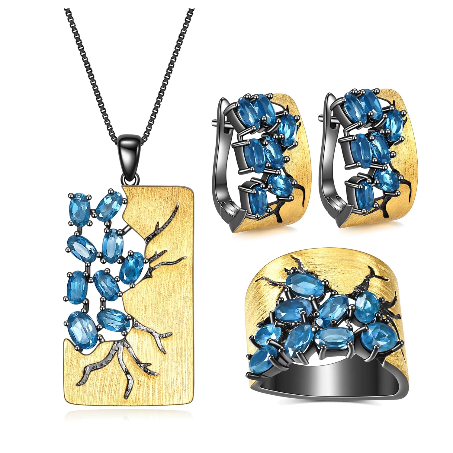 C7875 Abiding Shield Tarnish Free Natural London Blue Topaz Gemstone Gold Plated 925 Silver Earrings Necklace Ring Jewelry Set