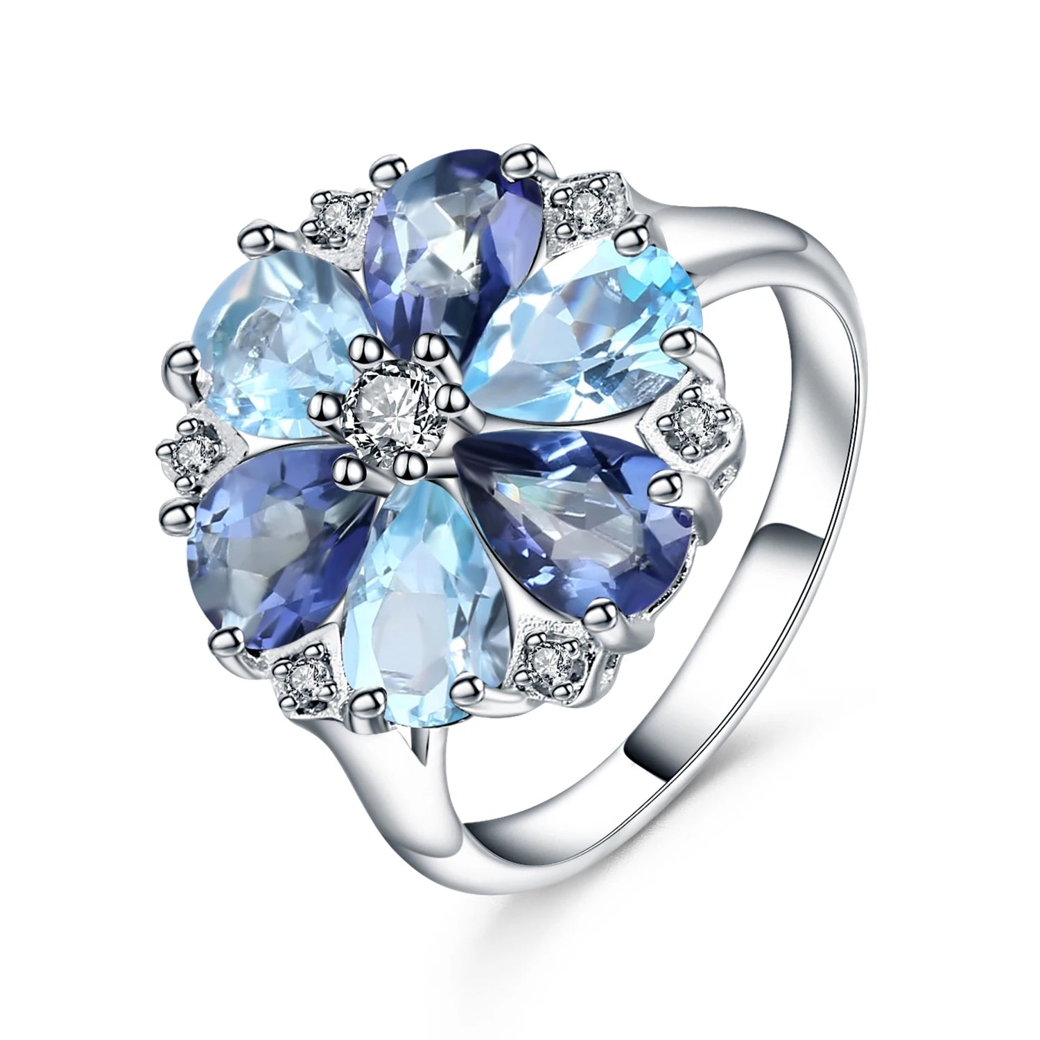 H009 Abiding Natural Topaz Mystic Quartz Mix Gemstone Custom Engraved Ring Women Vintage Flower Fine 925 Silver Ring Jewelry