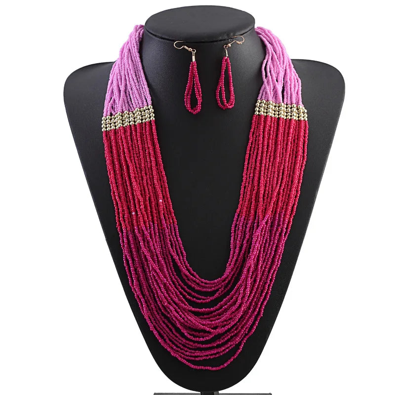 Jachon Boho Multilayer Rice Bead Necklace Earring Set Ethnic Necklace Vintage Handmade Fashion Necklace Jewelry