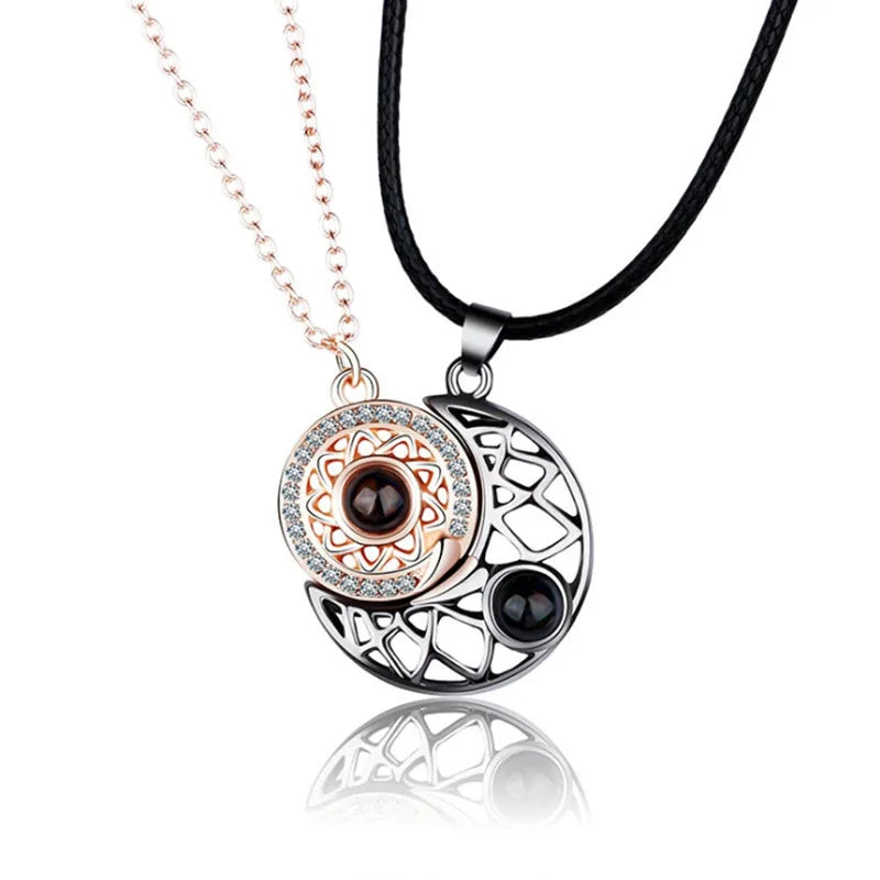 Trendy Copper Sun Magnetic Alloy Necklace & Leather Rope Necklace with Moon Rhinestone for Him & Her for Party Valentine's Day