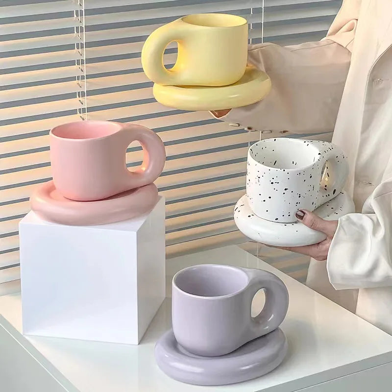 Solhui Fat Handle Chubby Mug Coffee Mugs Custom logo Ceramic Cup Coffee Cup and Saucer