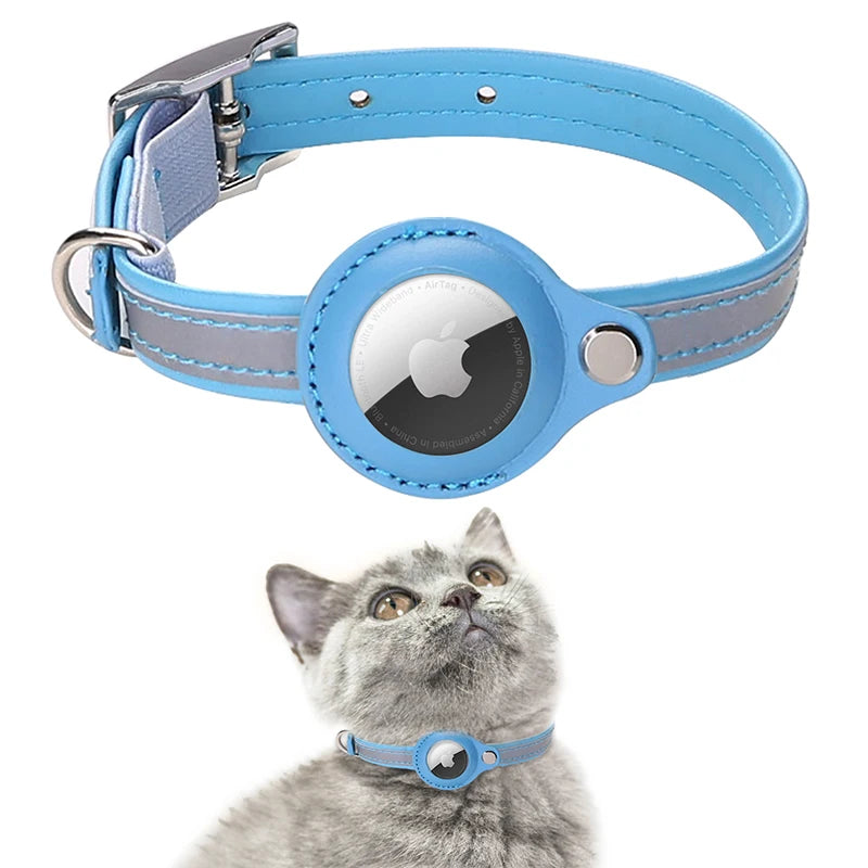 Reflective Stripes Leather Luxury Pet Collar Air Tag Durable Safty Elastic Ribbon Airtag Cat Dog Collar