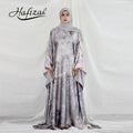 2026 Dubai Custom Luxury Gray Pink Brown Tie Dye Muslim Long Dress With Hijab Cape Sleeve Modest Outfit