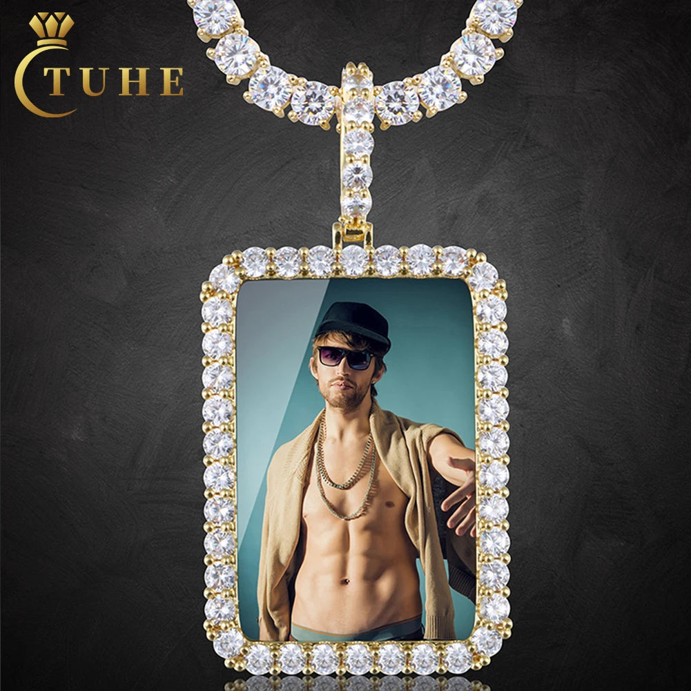Wholesale Picture Necklace 45mm Gold Plated Brass AAAAA CZ Diamond Iced Out Rectangle Custom Photo Pendant Memory Jewelry
