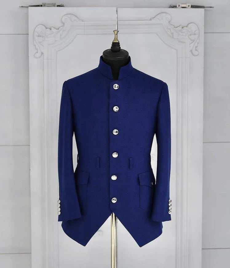 New Arrival Dark Blue Men Suits With Stand Collar Wedding Groom Prom Tuxedos Terno Masculino Blazer for Man 2 Pieces Jacket+Pant