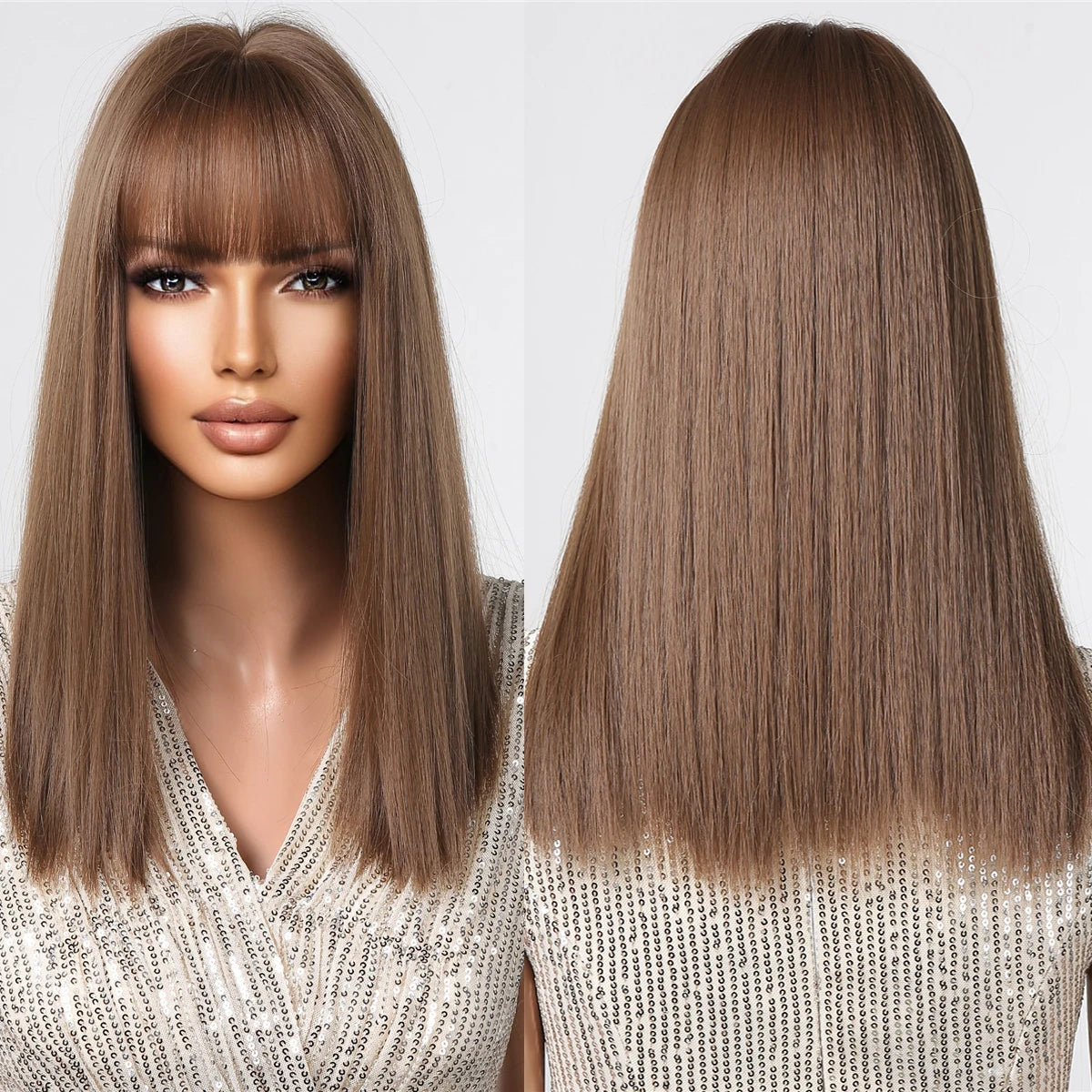 Wholesale Light Brown Medium Length Synthetic Wigs Straight Hairs Wig with Bangs for Black Women