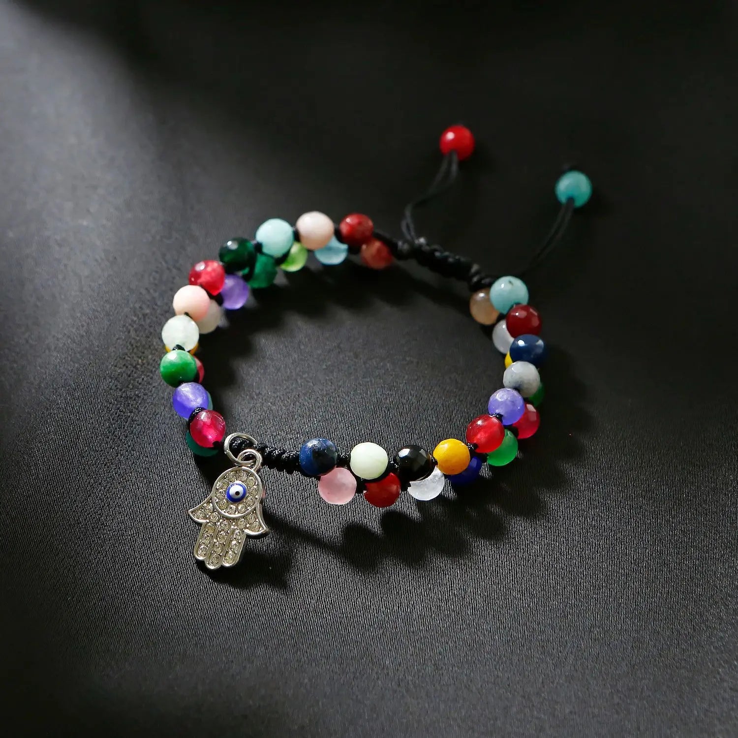 Fashion Agate Beads Fatima Hand Braided Bracelet Onyx Stone Evil Eyes Hamsa Hand Charm Bracelet for Gift