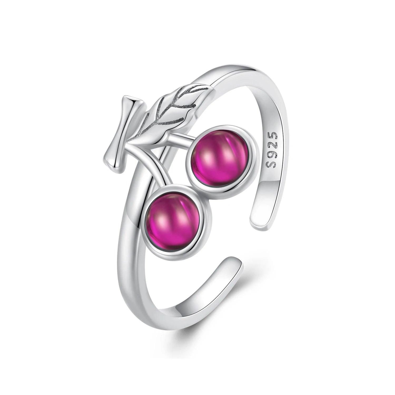 925 Sterling Silver Summer Sweet Cherry Opening Ring for Women Big Red Corundum Stone Fruit Cute Stackable Wedding Ring SCR936