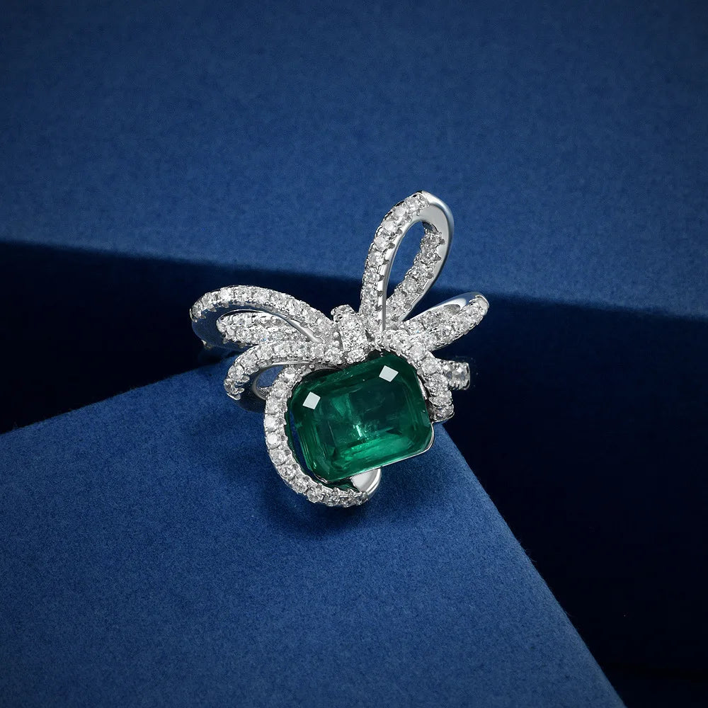 Fashion Jewelry Gemstone Ring 925 Sterling Silver 5A Cubic Zirconia Bowknot Emerald Ring