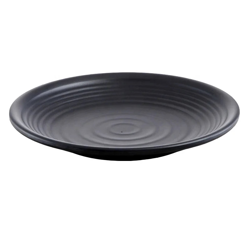 Matte Black Melamine Plate Round Shape with Lines Plastic Plates