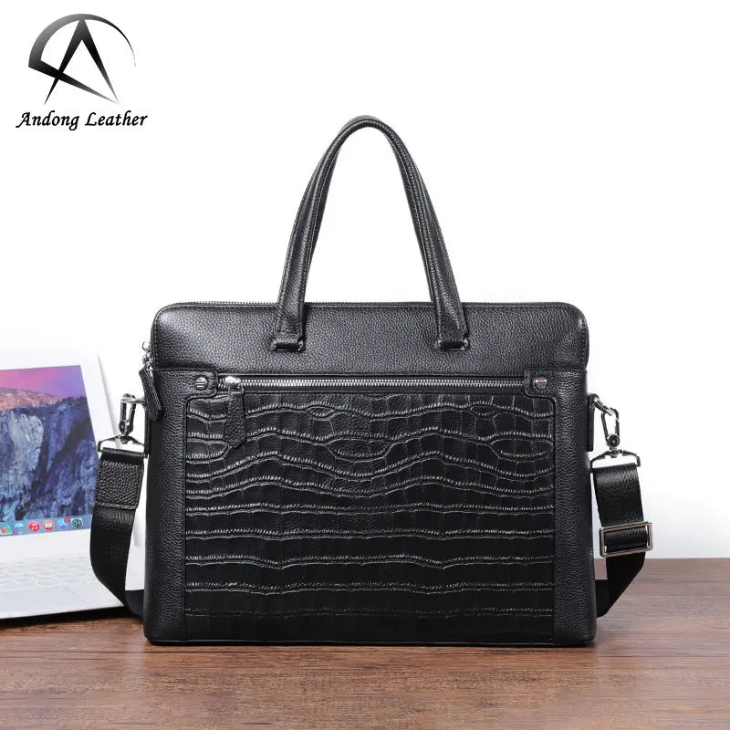 Andong Leather Double Zip Briefcase for Men Genuine Cow Leather Tote Crocodile Pattern Shoulder Bag Computer Bag Fashion 9801-1