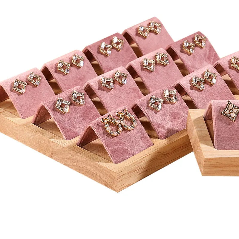 Popular Pink Velvet Wood Base Jewelry Earrings Display Stand Holder