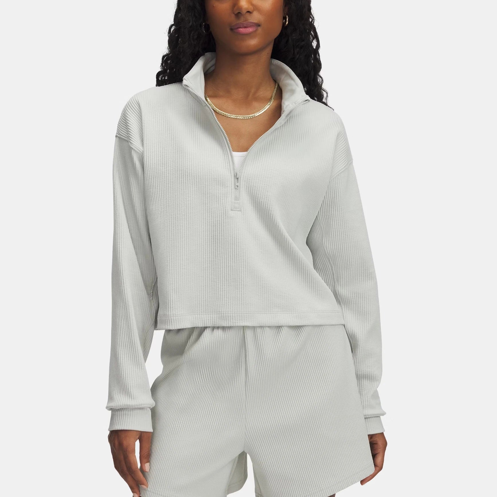 New Style Winter Casual Women's Comfort Ribbed Knitted 1/4 Zip Sweatshirts Stand Collar Drop Shoulder Front Logo