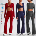 SHINBENE Recycled Polyester Women's Workout 2Pcs Set Sustainable Twist Long Sleeve and Flare Pants Gym Fitness Sets