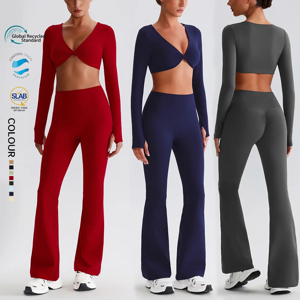 SHINBENE Recycled Polyester Women's Workout 2Pcs Set Sustainable Twist Long Sleeve and Flare Pants Gym Fitness Sets