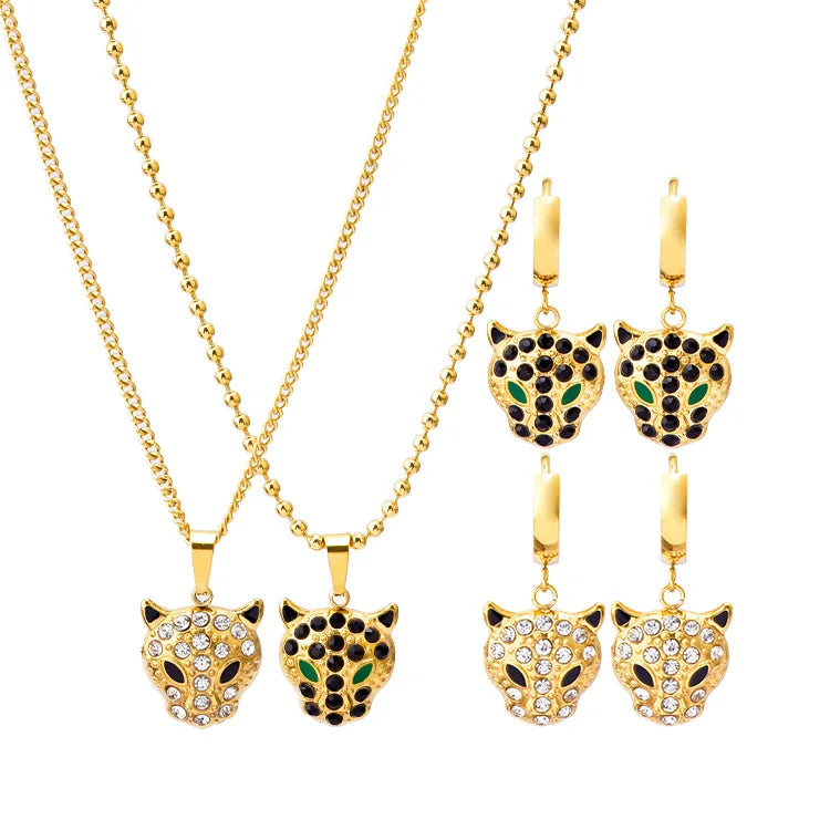 BJG0060S Colorful Zircon Transfer Bead Leopard Head 18K Gold Plated Stainless Steel Jewelry Set for Women Wedding Party