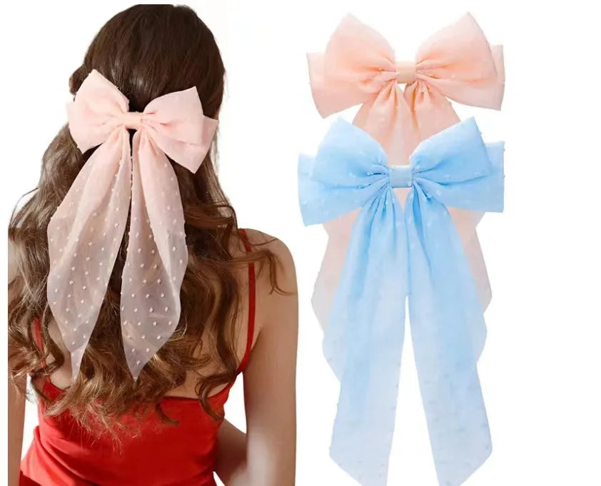 Sweet Korean Style Exaggerated Bow Headband Ribbon Hairpin Spring Clip Colorful Nylon Female Ponytail Hair Accessories KLACOMA