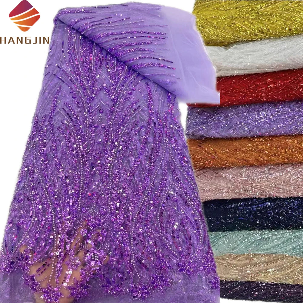 Nigerian Lace Styles Purple Beaded Lace Fabric Luxury Handmade African Sequin Embroidery Mesh Lace Fabric Luxury for Weddings