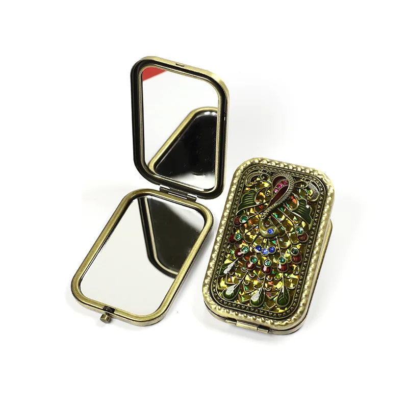 Wholesale Peacock Rectangular Make-up Mirror Palace Wind Handle Mirror European Metal Portable Pocket Women's Gift