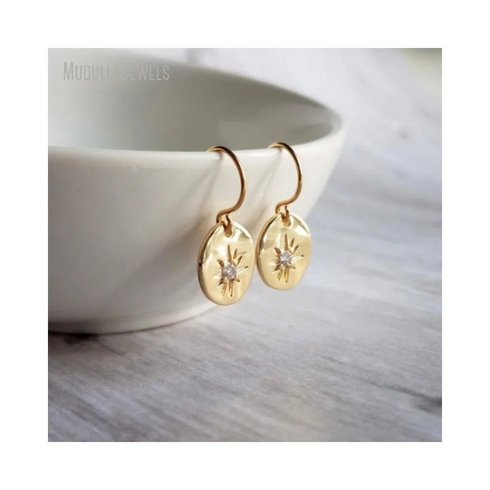 ER45625 Brass Jewelry North Star Cubic Zirconia Oval Shape Gold Plated Dangle Earrings Minimal Minimalist Gift for Women