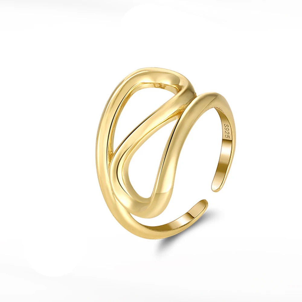 Geometric Fine Rings Jewelry Women 925 Sterling Silver Gold Plated Adjustable Ring