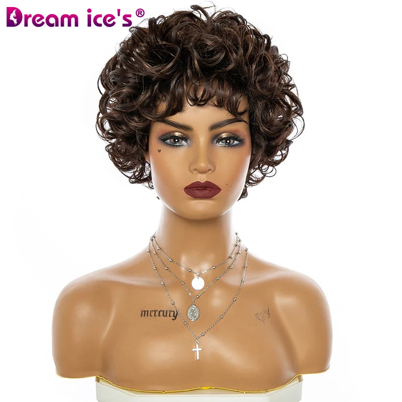 DREAM.ICE'S Wholesale Gold Brown Color Kinky Curly Short Wig Synthetic Hair Wigs for Women