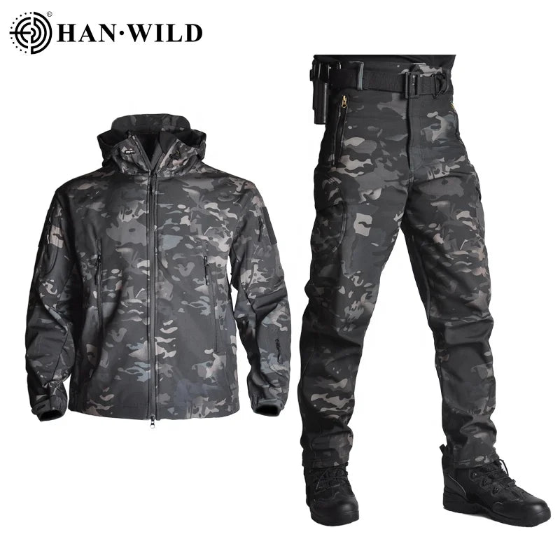 HAN WILD Shark Skin Suit Camouflage Soft Shell Jacket  Windproof Camo Suit Jacket+Pants