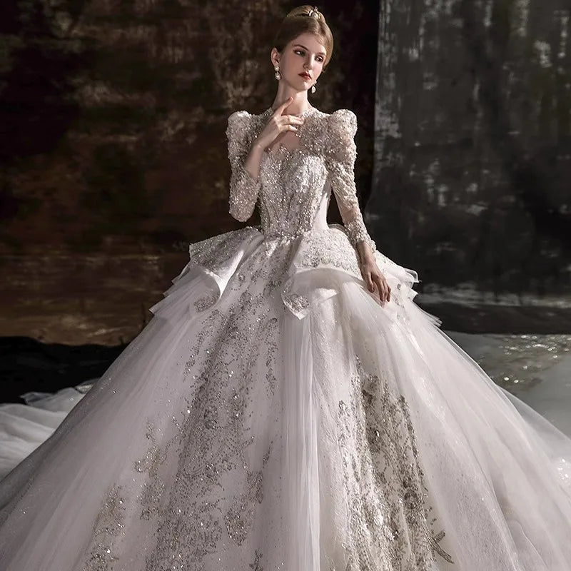 Elegant Retro Luxury Women's High-End Wedding Dress New Style Long Sleeve Court with Lace Decoration and Lace-Up Back Design