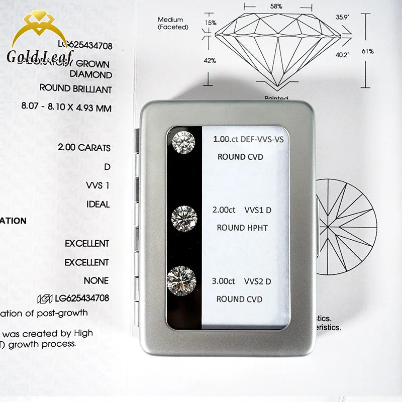 Goldleaf IGI  Factory Stock 0.5ct 1ct 1.5ct 2.ct D VVS1 VS1 3EX HPHT CVD Synthetic Lab Grown Diamond