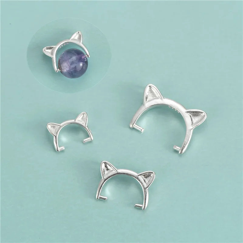 Cute 925 Sterling Silver Cat Ears Pinch Clip Clasp Bail Round Beads Pinch Clip Clasp Bail for Jewelry Making