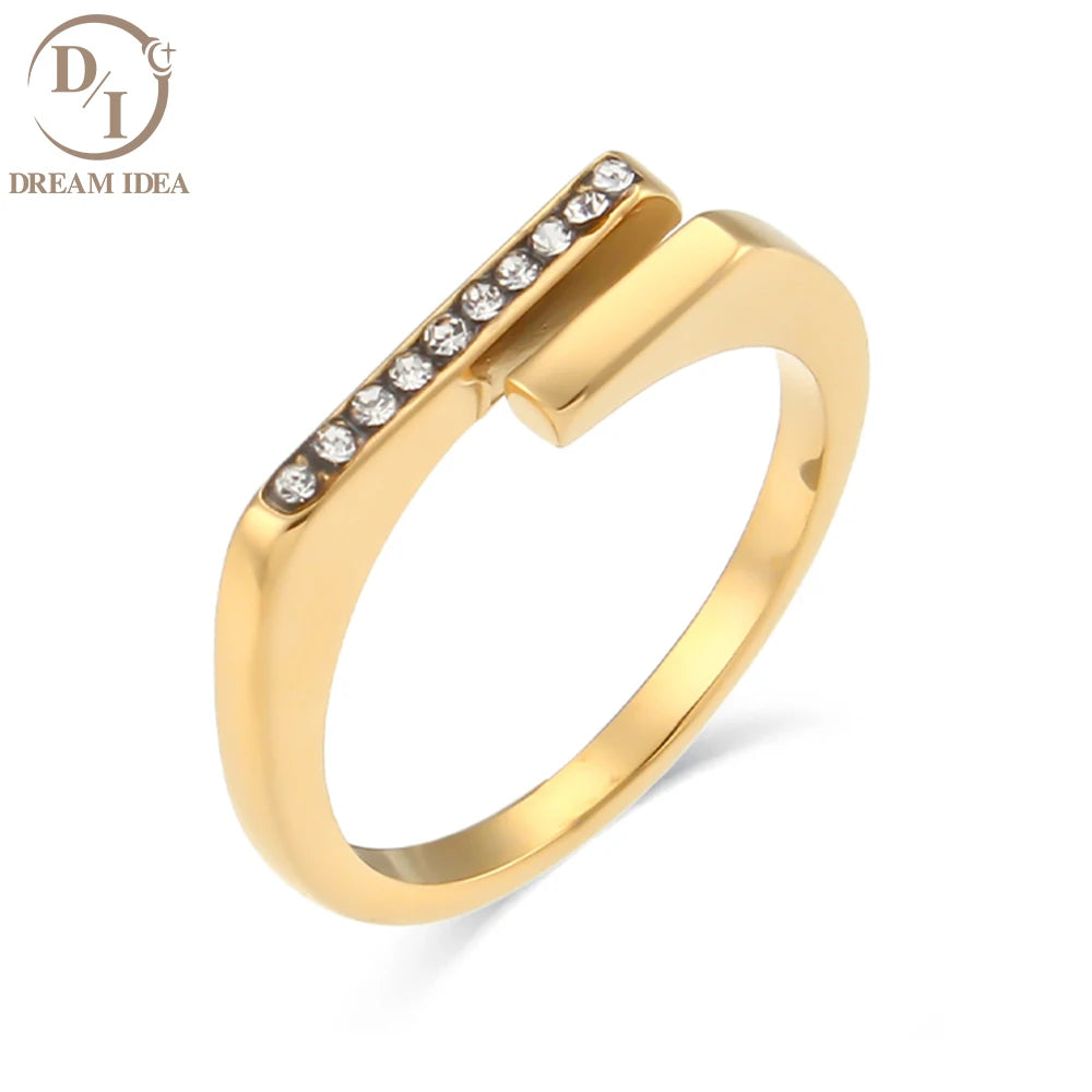 Vintage Gold Plated Stainless Steel Zircon Finger Ring Adjustable Thin Chain for Wedding or Party Non-Tarnish Classic Style