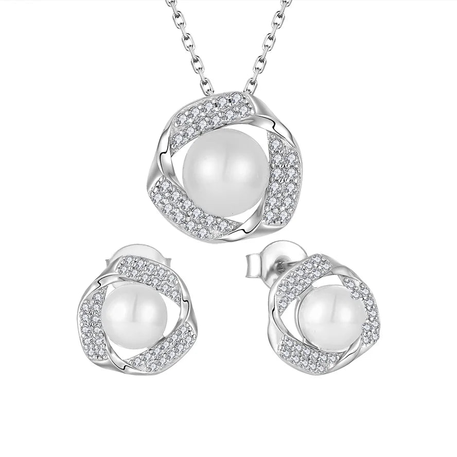 YILUN Wholesale Bridal Wedding 925 Sterling Silver Pearl Jewelry Set With CZ Earrings and Necklace