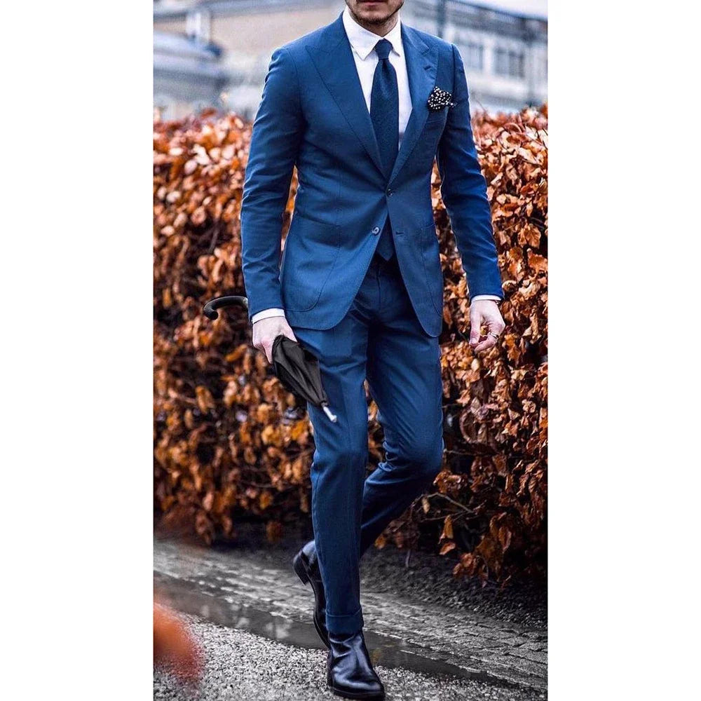 Men's Suits Blue Single Breasted Peaked Lapel Slim Fit Skinny 2 Piece Jacket Pants Set Chic Male Clothing Office Costumes