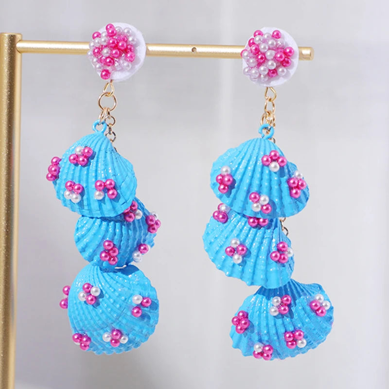 Kaimei Fashion Jewelry Beach Resort Style Long Shell Tassel Earrings with Spray Painted Handmade Rice Ball Sea Shell Earrings