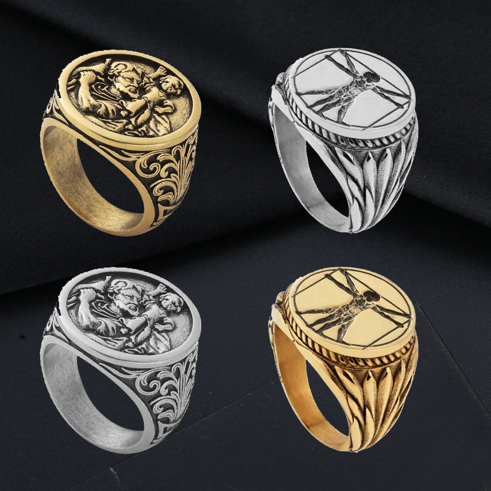 New Design Waterproof Rings Gold Saint Christopher Rings Stainless Steel Custom Vitruvian Man Jewelry Mens Rings
