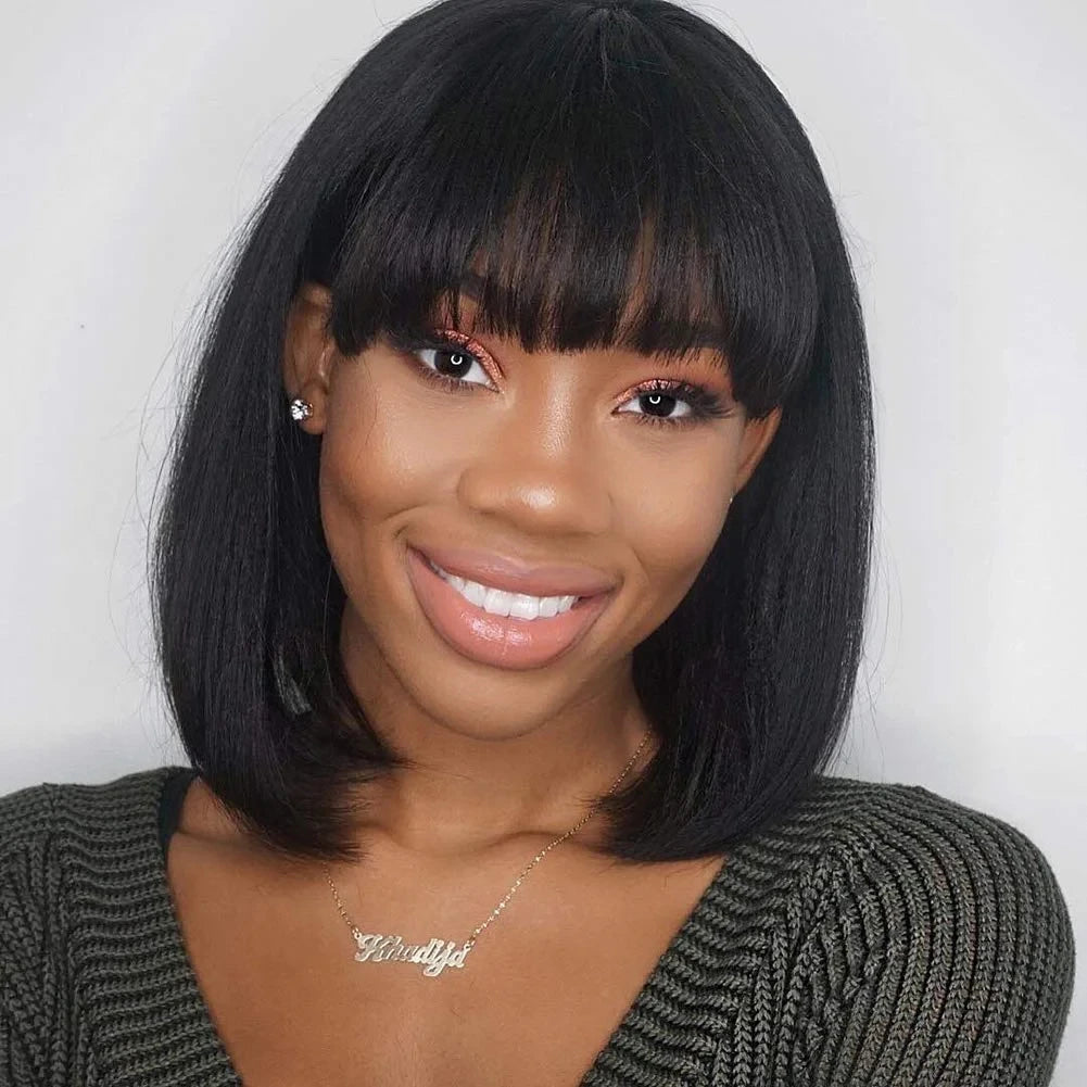 Cheap Short Bob Wig With Bangs 100% Human Hair Glueless Full Machine Made Wigs Natural Color Brazilian Straight Wigs for Women