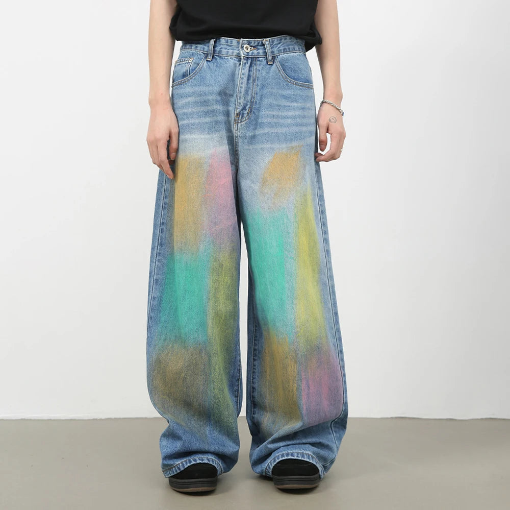 Custom Logo OEM Vintage Stonewashed Loose Fit Mens Hand Painted Graffiti Flare Jeans Baggy Stacked Carpenter Pants