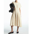 2025 New Arrival Online Wholesale Supplier Solid Color Short Sleeve Cotton Linen Natural Waist Elegant Pleated Midi Dresses