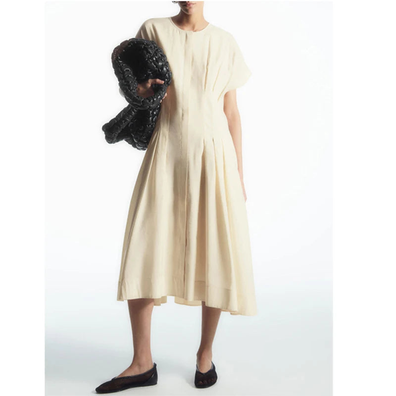 2025 New Arrival Online Wholesale Supplier Solid Color Short Sleeve Cotton Linen Natural Waist Elegant Pleated Midi Dresses