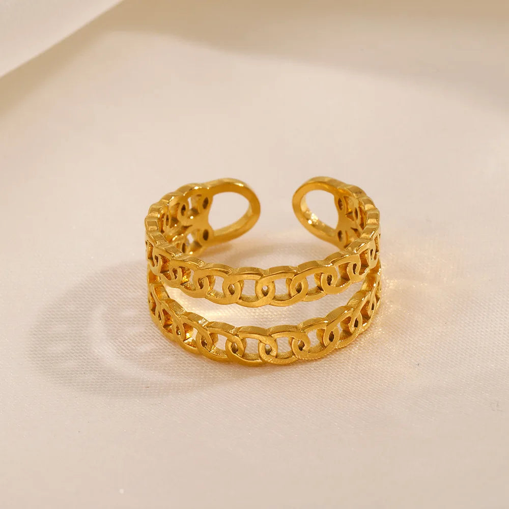Chain Rings 18K Gold Plated Open Stainless Steel  Double Chain Ring for Women YRS325