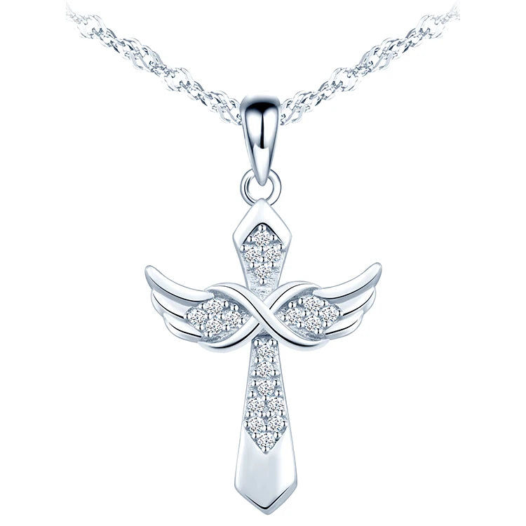 Angel Wing Cross 925 Silver Pendant Necklace Zircon Diamond Setting Infinity Symbol Combination