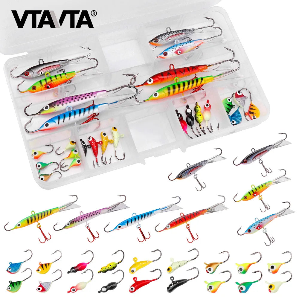 Vtavta 26pcs Ice Fishing Combo Winter Jig Heads Mormyshkas Fishing Ice Box Fast Jig Lure Fish Pike Wobblers Set