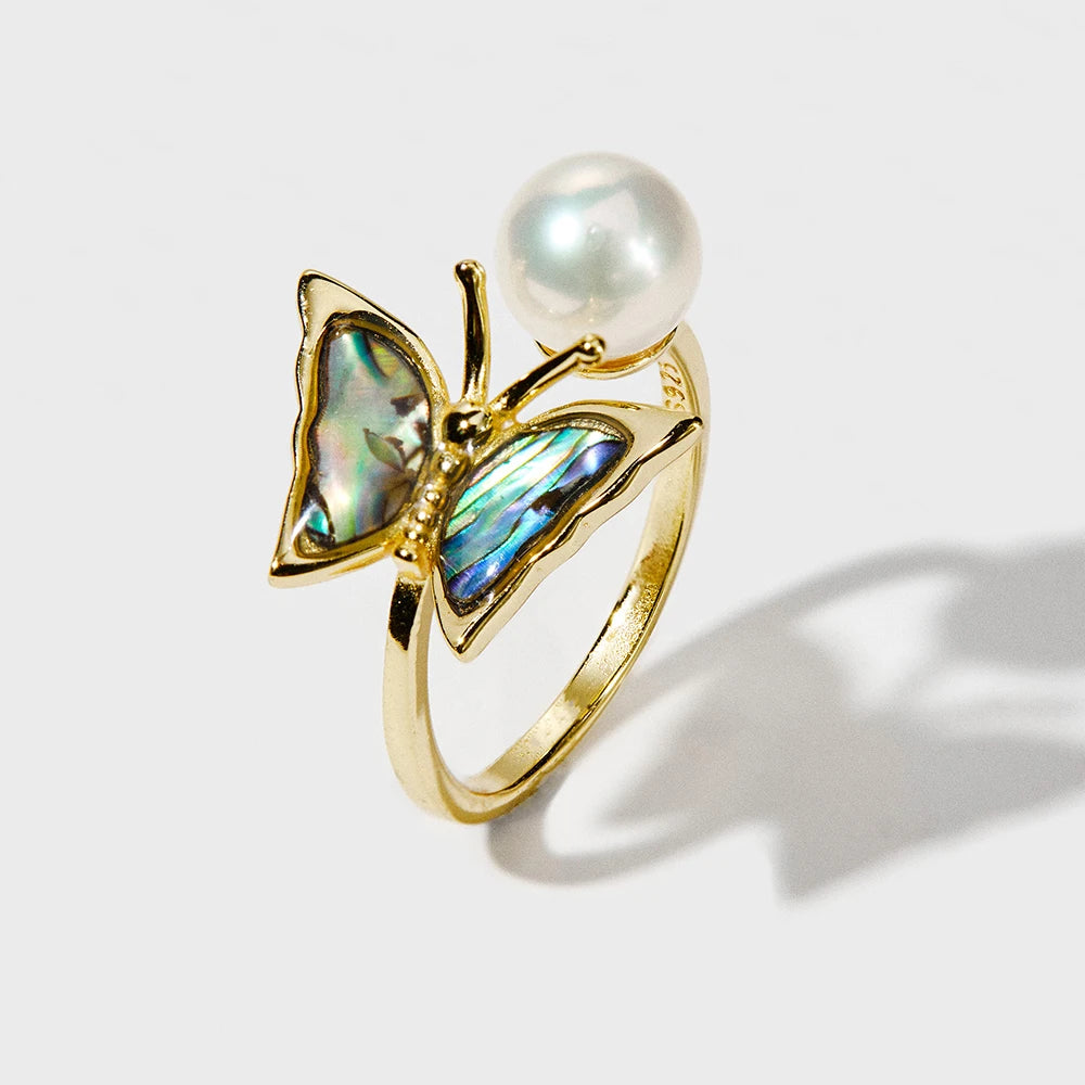 Niche Handmade 925 Sterling Silver Abalone Shell Butterfly Pearl Ring Natural Gemstone Fast Sample Delivery Custom